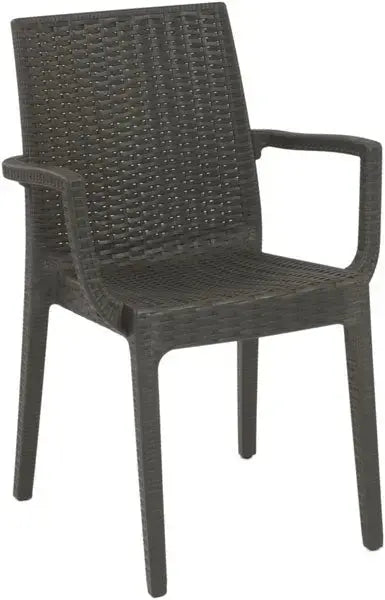 Sedia da esterno Dafne con braccioli in resina colore espresso, design resistente per arredo giardino e ambienti collettivi.