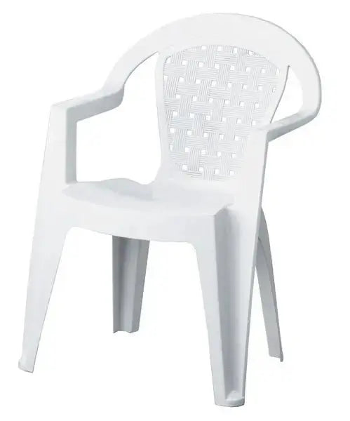 Sedia in plastica norma antiscivolo tre colori bianca con braccioli, perfetta per arredo giardino, struttura solida e schienale traforato.