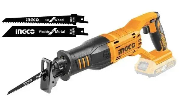 Seghetto a gattuccio batteria litio 20v + due lame Ingco per tagli su legno e metallo, ideale per lavori senza cavi. Include lame per legno e metallo.