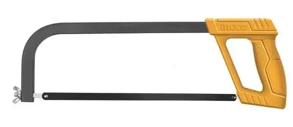 Seghetto manuale 300mm Ingco con impugnatura ergonomica gialla e lama regolabile, ideale per tagli precisi in falegnameria e bricolage.