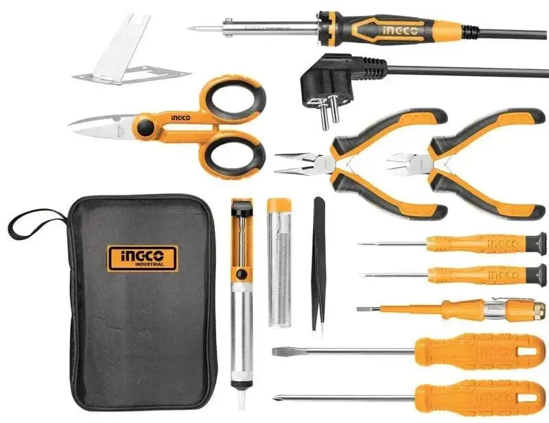 Set 13 pz utensili manuali con fodero Ingco con cacciaviti, pinze, saldatore e accessori in tela canvas, ideale per lavori di elettronica.