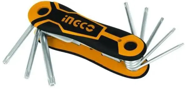 Set 8 chiavi torx pocket INGCO in acciaio al cromo vanadio con impugnatura ergonomica pieghevole, misure da T9 a T40 per uso professionale.