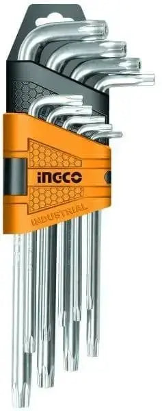 Set 9 chiavi torx con foro extra lunghe Ingco in acciaio cromato, ideale per lavori meccanici di precisione e alta resistenza.