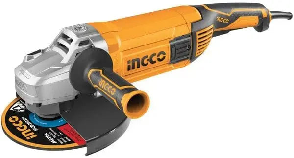 Smerigliatrice angolare 230mm-2400w Ingco con corpo in alluminio e impugnatura supplementare, ideale per taglio e levigatura metalli.