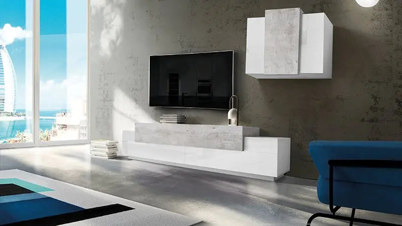 Soggiorno Coro: Porta TV + Pensile Bianco Lucido in Stile Cemento Porta tv Web forniture