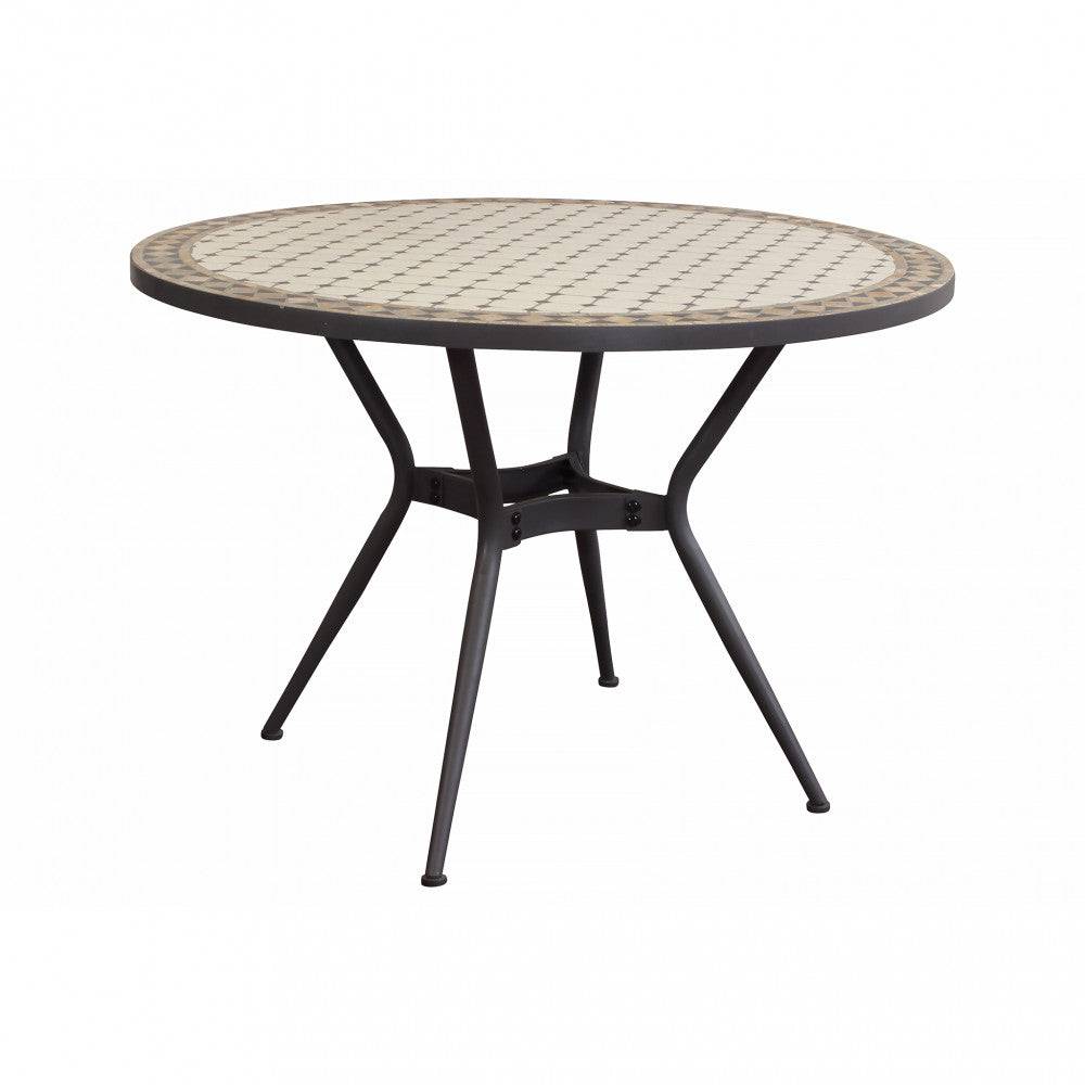 Tavolo da giardino rotondo con piano in ceramica beige e antracite, struttura in ferro verniciato nero, ideale per spazi esterni eleganti