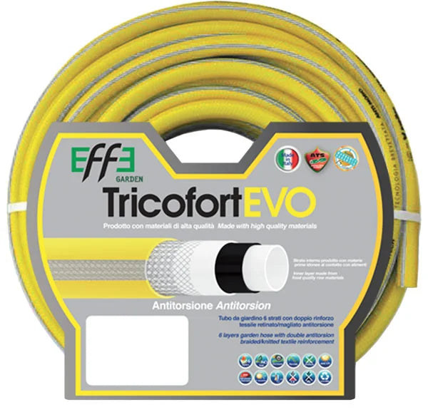 Tubo da giardino giallo Tricofort EVO Ø12,5 mm x 25 m, resistente all'usura e antitorsione, ideale per irrigazione in giardini e terrazzi.