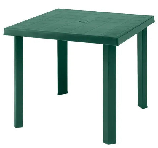 Tavolo da esterno 80x80 cm in plastica verde pieghevole, perfetto per giardini e terrazzi. Resistente e adatto per 4 persone.