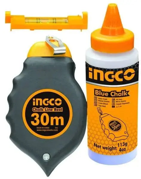 Traccialinea con livella INGCO da 30m con filo, flacone di gesso blu da 113g e livella a bolla per misurazioni precise in cantiere o fai da te.