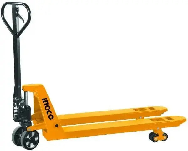 Transpallet 2,5t Ingco giallo con ruote in poliuretano, ideale per movimentazione merci fino a 2500kg in ambienti industriali e magazzini.