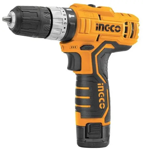 Trapano avvitatore a percussione 12V litio INGCO con impugnatura ergonomica e mandrino regolabile, ideale per fai-da-te e bricolage.