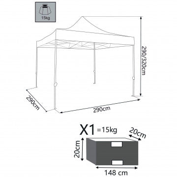 Schema tecnico del gazebo pieghevole 3x3 m con dimensioni 290x290x209 cm, peso 15 kg, telo in poliestere resistente, SKU: GA802049