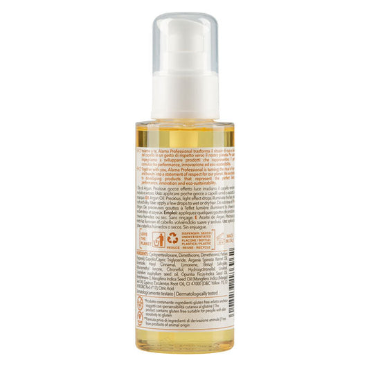 Retro del flacone di Alama Hydra Elisir Oil con dettagli del prodotto, ingredienti e istruzioni d'uso, confezione da 100 ml con spray