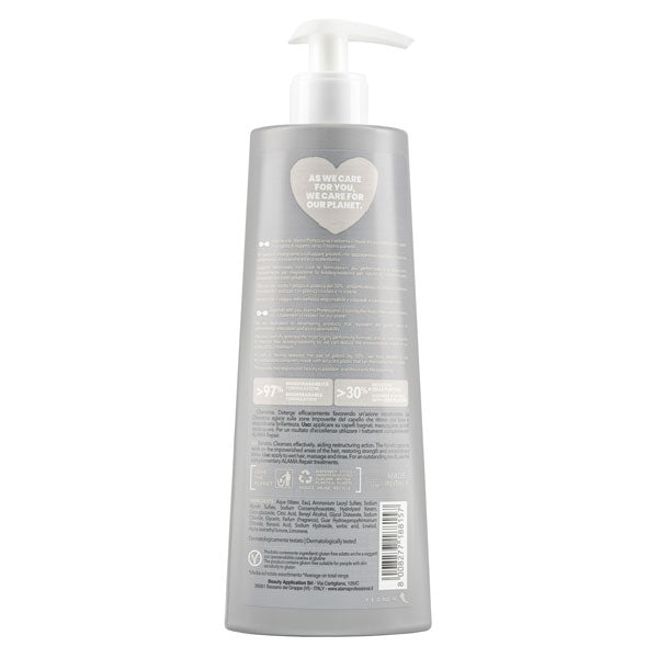 Retro della bottiglia di shampoo ALAMA Repair con etichetta dettagliata, informazioni sul prodotto e simboli di sicurezza, contenuto da 500 ml