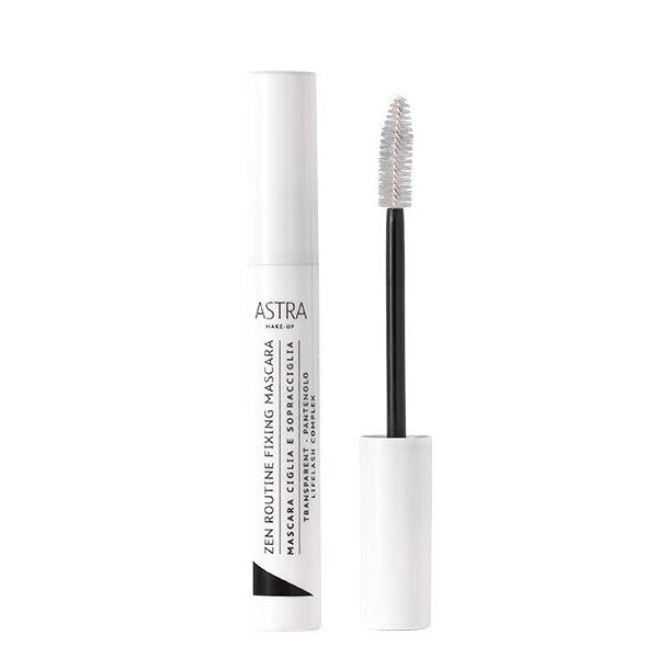 Mascara trasparente Astra Zen Routine con scovolino curvo, formula gel per ciglia e sopracciglia, fissaggio naturale, contenitore bianco, SKU: 4830001