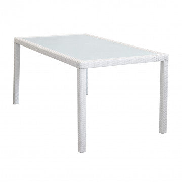 Tavolo da giardino Azore rettangolare 150 x 90 cm in wicker bianco con piano in vetro temperato, perfetto per ambienti esterni eleganti.