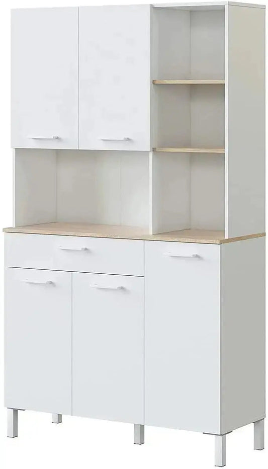 Armadio da cucina bianco Artik/Canadian con 5 ante, 1 cassetto e 3 ripiani, design minimalista con finiture in legno chiaro.