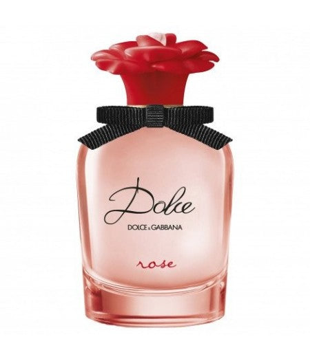 Flacone di profumo Dolce & Gabbana Dolce Rose con forma a cuore, decorato con fiocco nero e tappo a forma di rosa rossa, ideale per fragranza floreale fruttata.