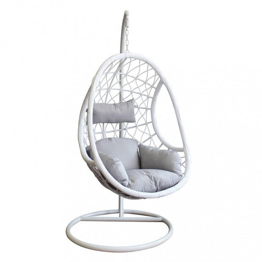 Dondolo Capraia in stile moderno, con struttura in metallo bianco e cuscini grigi, perfetto per giardino o terrazza, dimensioni 195x93x122cm.