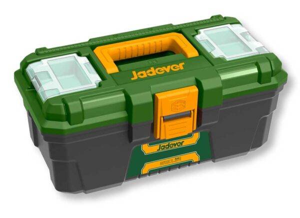 Cassetta Portattrezzi 13P Jadever in plastica verde e nera con manico arancione, ideale per organizzare utensili in modo pratico e sicuro.