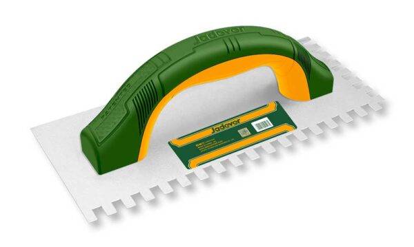 Frattone dentato in plastica verde e gialla con lama in metallo, ideale per intonaco e piastrelle, misura 230x100 mm, con manico ergonomico