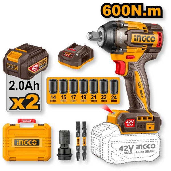Avvitatore ad impulsi brushless 42V Ingco con impugnatura ergonomica, batteria da 2.0Ah, caricabatterie e valigetta resistente, ideale per lavori professionali