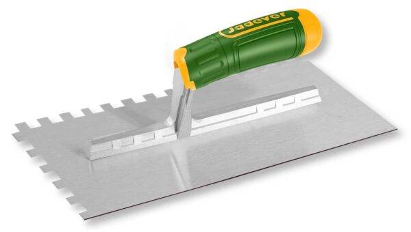 Frattone dentato 280x120MM con manico ergonomico verde e giallo, utensile edilizia ideale per stesura collanti e malte su superfici piane.