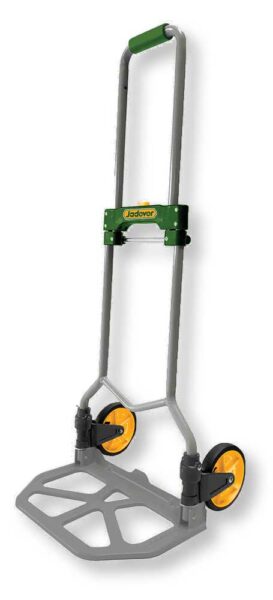 Carrello pieghevole trasporto merci con struttura in acciaio robusto, ruote gialle e manico ergonomico verde, ideale per carichi fino a 60kg