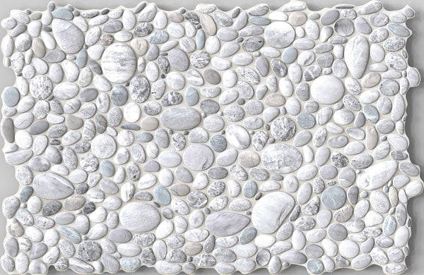 Pannello decorativo 3D in PVC effetto pietra in rilievo, finitura WP3532, con pietre di diverse dimensioni e colori chiari, ideale per pareti interne
