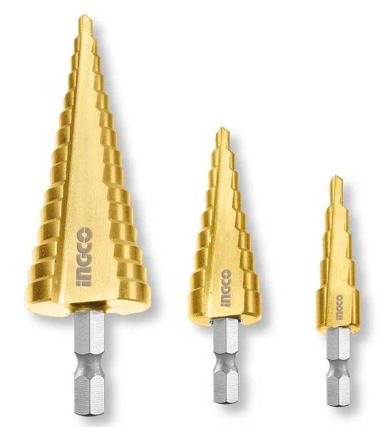 Set di 3 frese coniche a gradino HSS Ingco in colore oro, diverse dimensioni 4-12 mm, 4-20 mm, 4-32 mm, ideali per forature precise in metallo