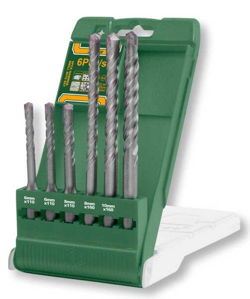 Set 6 punte muro SDS Plus in acciaio con custodia verde richiudibile, ideale per forature precise su cemento e muratura. Perfetto per uso professionale e fai-da-te.