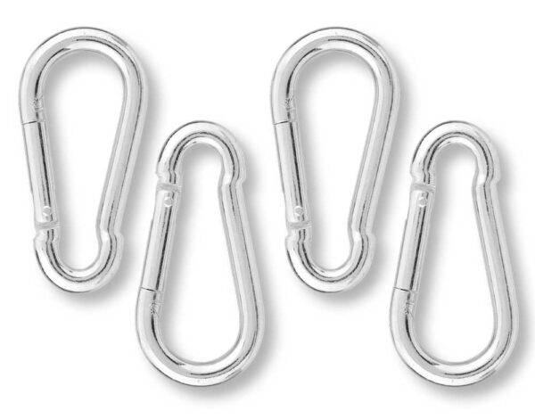 Set 4 Moschettoni Pompiere 50MM sicuri e resistenti in metallo lucido, ideali per utensili e uso intensivo in ambito professionale.