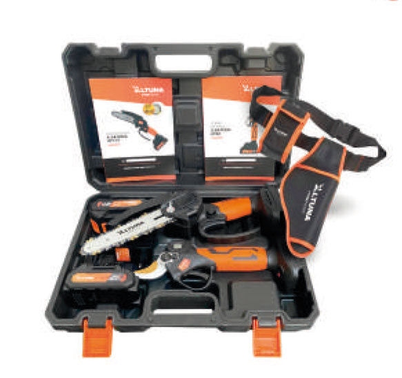 Kit forbice e minisega a batteria 21V con valigetta e fodero, strumenti elettrici per giardinaggio, in valigia di plastica nera e arancione