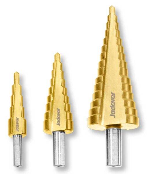 Set di 3 frese coniche HSS a gradini in colore oro, di diverse dimensioni, ideali per lavorazioni precise su metallo, con attacco cilindrico.
