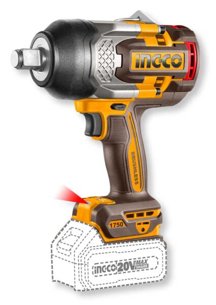 Avvitatore ad impulsi brushless 20V Ingco con corpo compatto, impugnatura ergonomica, attacco 3/4'' e coppia massima 1750 Nm, ideale per lavori di hardware.