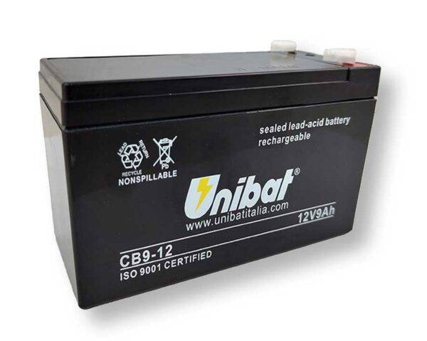 Batteria SLA Unibat 12V 9Ah in piombo-acido sigillata nera, con terminali rossi e bianchi, ideale per servizi e applicazioni affidabili