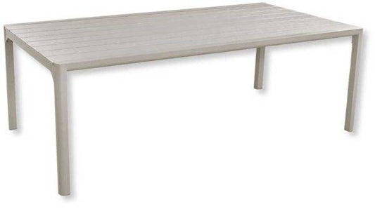 Tavolo da esterno in legno effetto legno beige, grande superficie rettangolare, ideale per giardini o terrazze, dimensioni 220x111x74 cm.