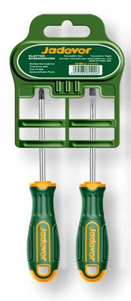 Set di cacciaviti a croce e a taglio con punte magnetiche, manici ergonomici verdi e gialli, confezione in plastica verde con scomparti