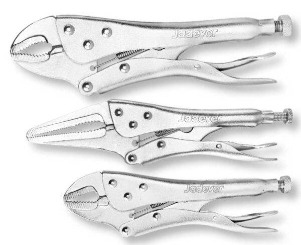 Set 3 Pinze di Bloccaggio in acciaio cromato, ideali per lavori di precisione e fissaggio sicuro. Utensili professionali per officina e fai da te.