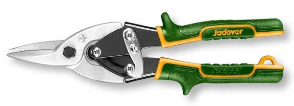 Cesoia da lattoniere dritta da 250 mm con impugnatura ergonomica in verde e giallo, ideale per tagli di precisione su metallo, SKU: J/JDAS2910