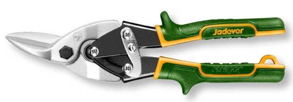 Cesoia da lattoniere 250mm SX Jadever con impugnatura bicolore verde e gialla, ideale per tagli precisi su metalli in ambito giardinaggio e fai da te.