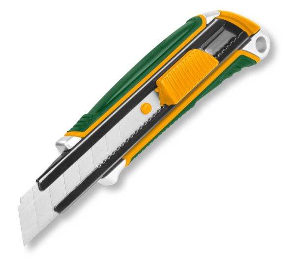 Cutter Alluminio Lama 18mm con impugnatura ergonomica verde e gialla, ideale per taglio efficiente in lavori di precisione e utensileria.