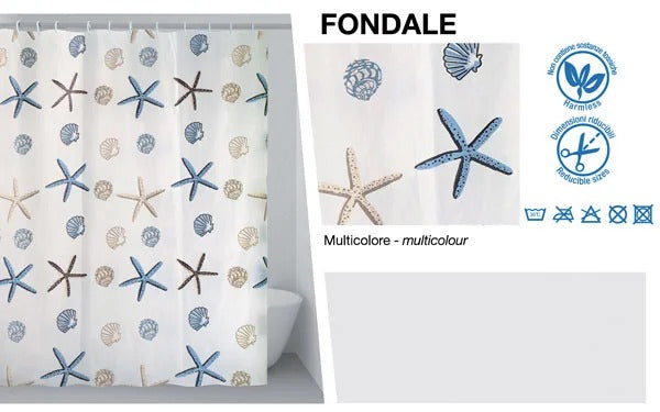 Tenda doccia multicolore con conchiglie e stelle marine in tessuto resistente, misura 180x200 cm, con ganci per bagno, design marino elegante