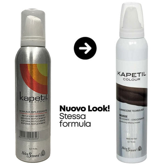 Bomboletta di schiuma riflessante Kapetil Colour con etichetta colorata, mostra il nuovo look e la stessa formula della versione precedente, perfetta per fissare il colore dei capelli.