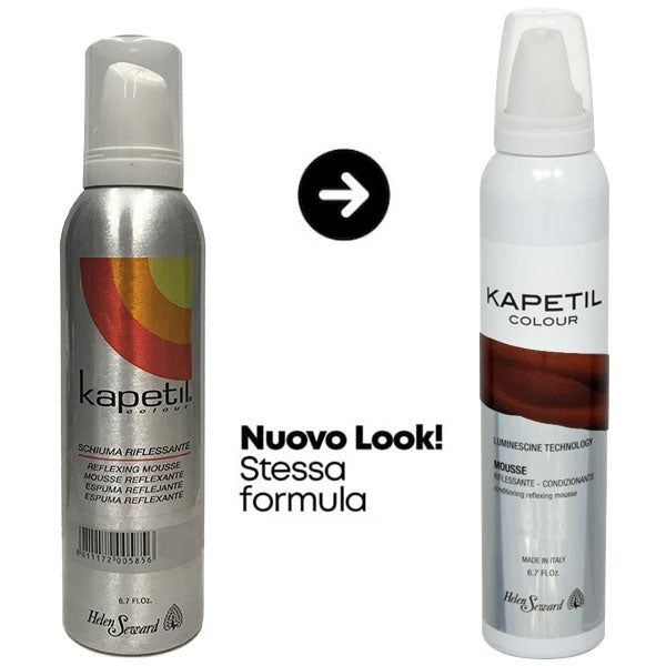 Bomboletta di schiuma riflessante mogano con etichetta colorata e spray bianco, prodotto per capelli con tecnologia Luminescine, formato 200 ml