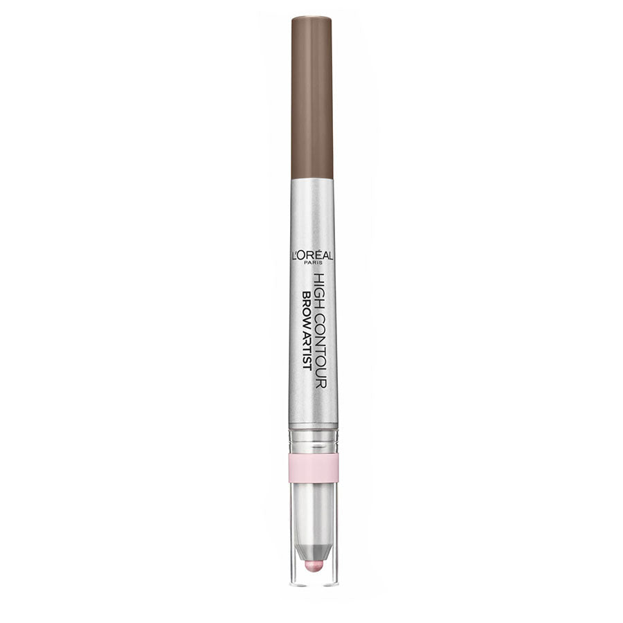 Matita sopracciglia L'Oreal High Contour Cool Blond 102 in tonalità beige con applicatore a palla, design elegante in argento e rosa, ideale per definizione naturale delle sopracciglia.