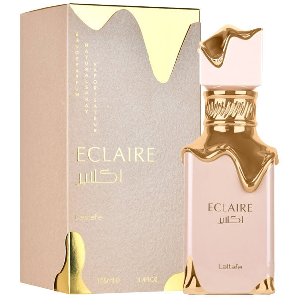 Scatola di Eclaire di Lattafa con design raffinato rosa e dettagli dorati, confezione da 100 ml, perfetta per donna, SKU: 340638