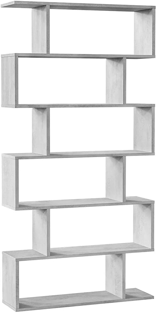 Libreria Fores grigia alta in melamina con design moderno e ripiani regolabili, ideale per organizzare libri e oggetti decorativi.