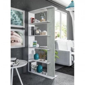 Libreria Alida bianca e grigio cemento 90x25x180 cm, 5 ripiani, design moderno per arredare soggiorni con stile e praticità.