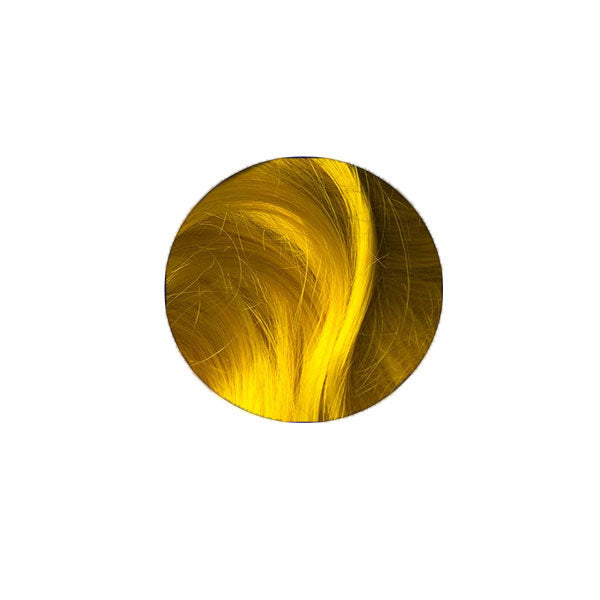 Ciocca di capelli colorati in giallo solare vibrante, risultato brillante e uniforme con gel colorante semi permanente Manic Panic